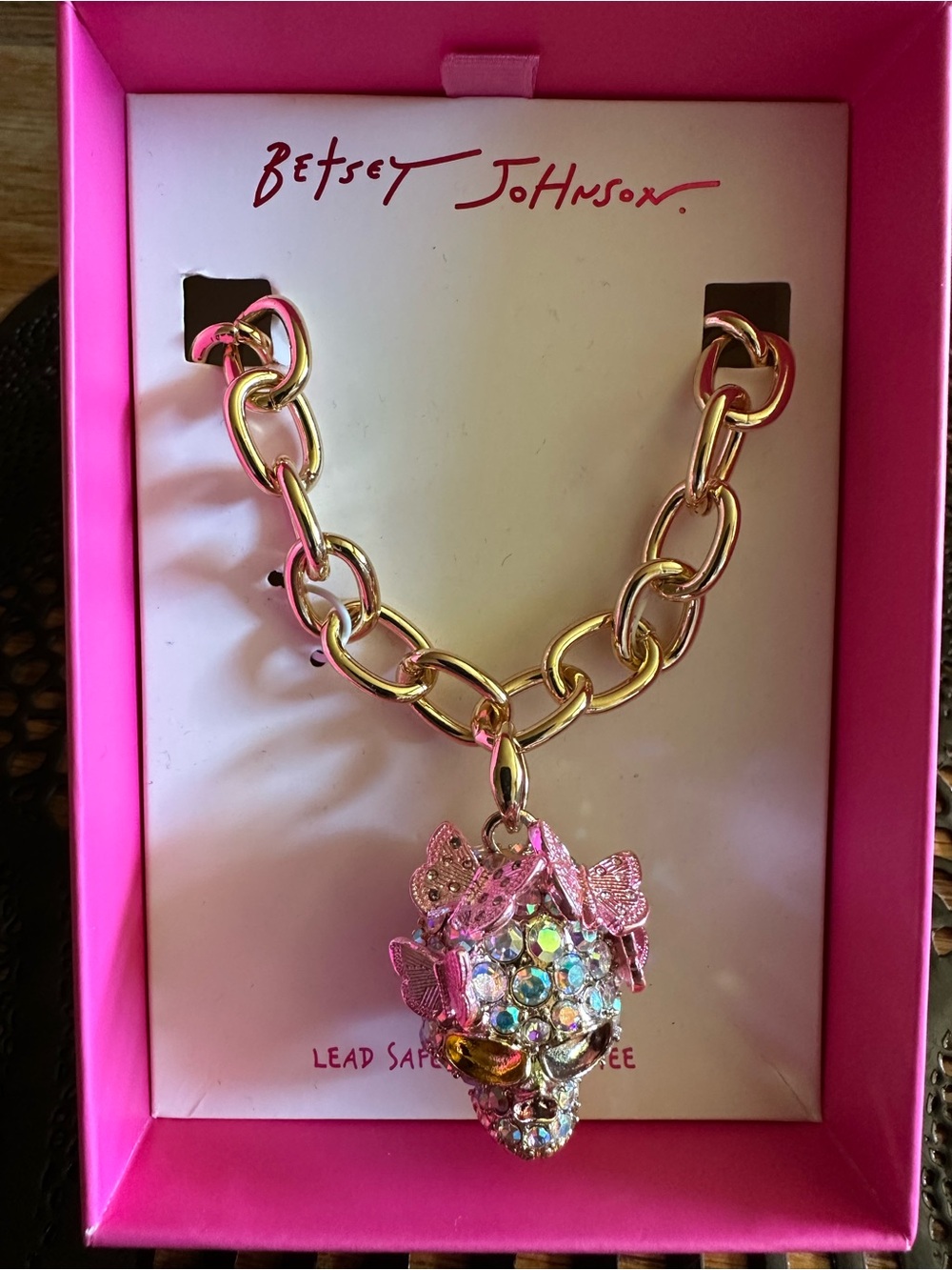 Betsey Johnson HALLOWEEN Pink Butterfly Skull Necklace- NWT